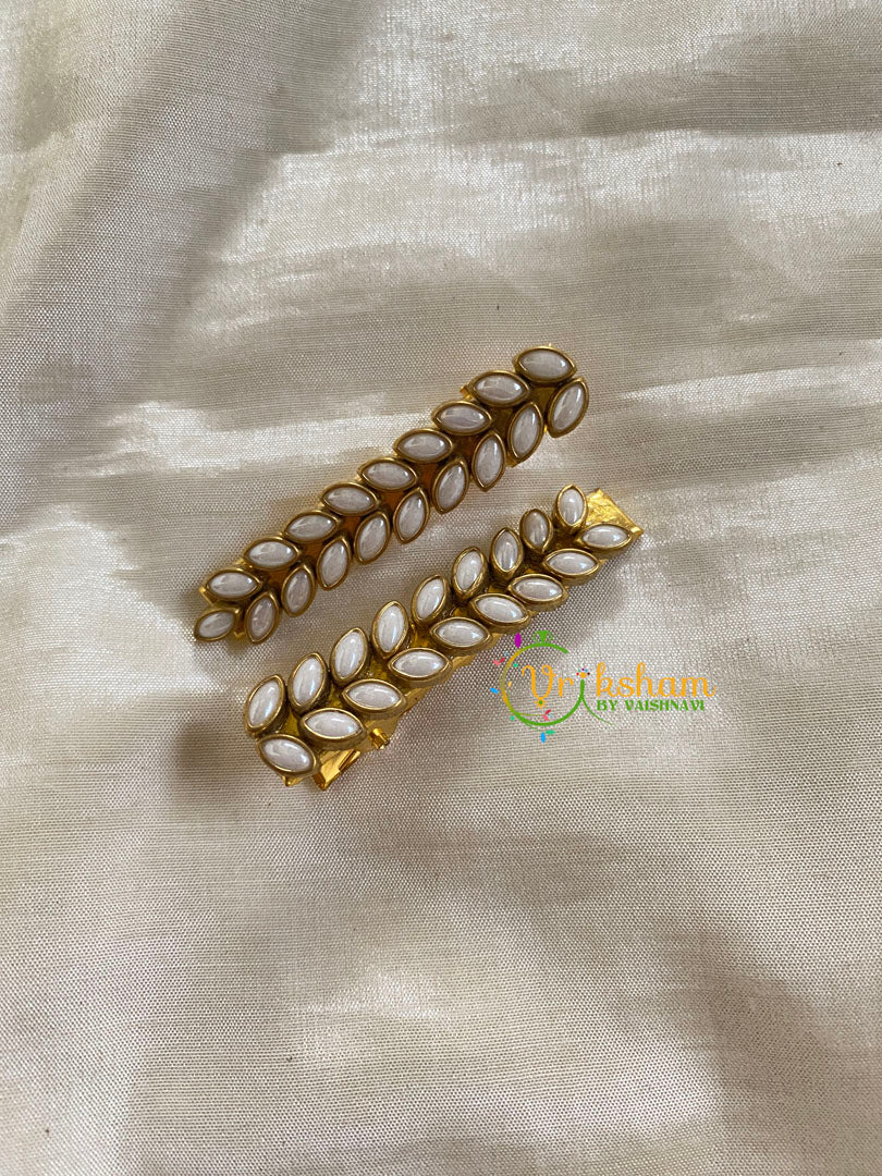 Kundan Hair Clip-gold-White Matt-Leaf-H286