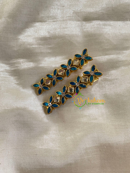 Kundan Hair Clip-gold-Light Blue-Flower-H285