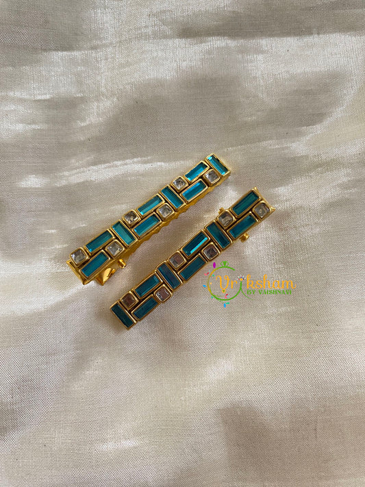 Kundan Hair Clip-gold-Sky Blue-Bars Dots-H283