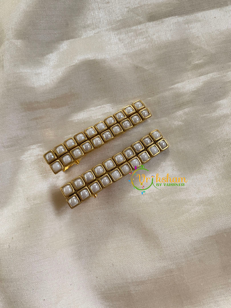 Kundan Hair Clip-gold-Matt White Square-H267