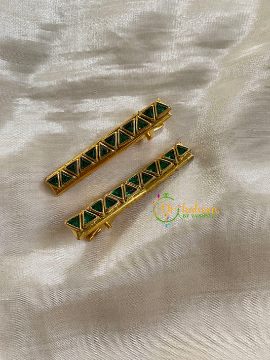 Kundan Hair Clip-gold-Green Triangle-H278