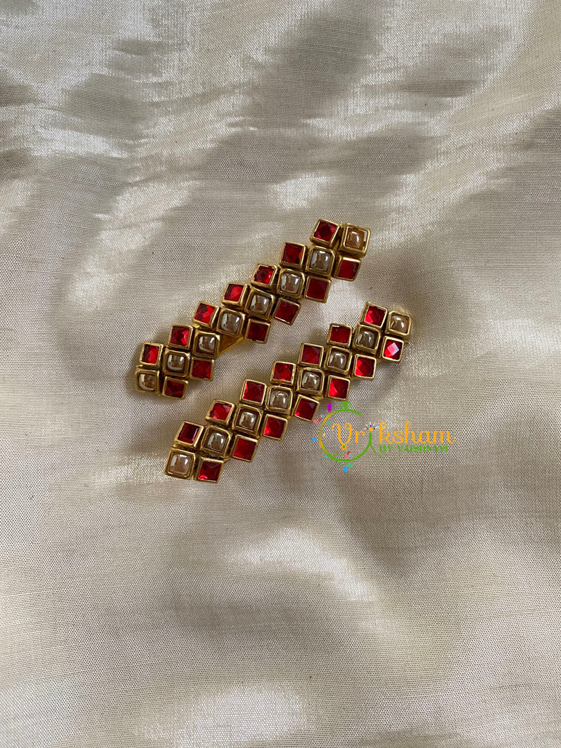 Kundan Hair Clip-gold-Vein-Red White-H265