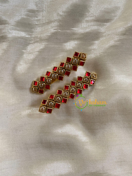 Kundan Hair Clip-gold-Vein-Red White-H265