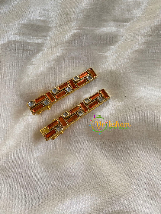 Kundan Hair Clip-gold-Orange-Bars Dots-H264