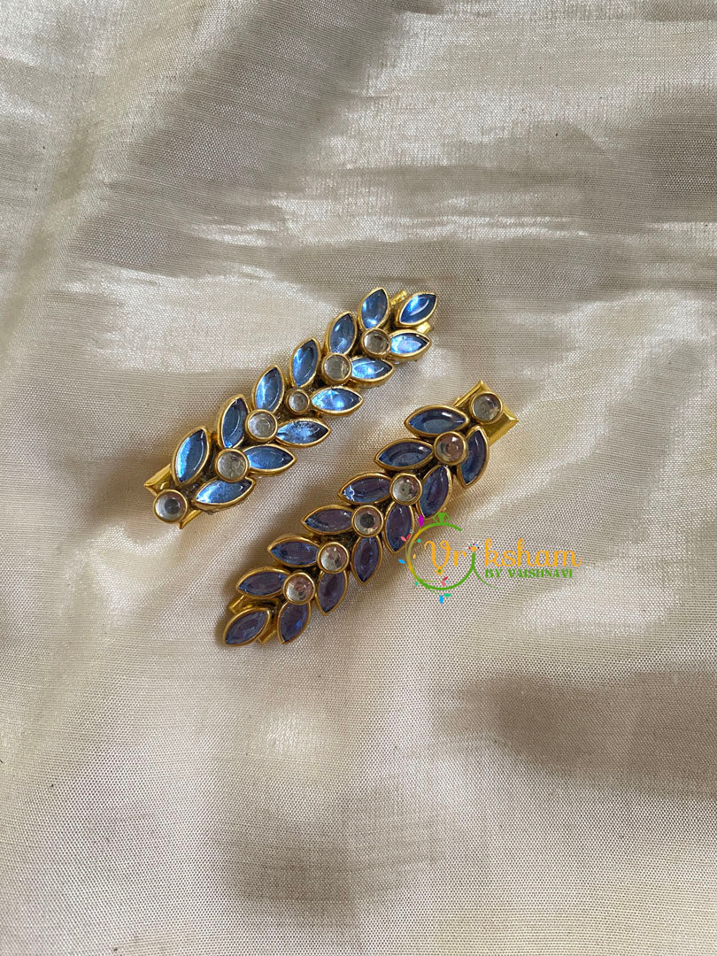 Kundan Hair Clip-gold-Steel Blue- Leaf-H275