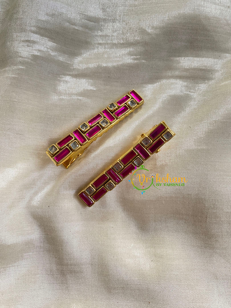 Kundan Hair Clip-gold-Pink-Bars dots-H273