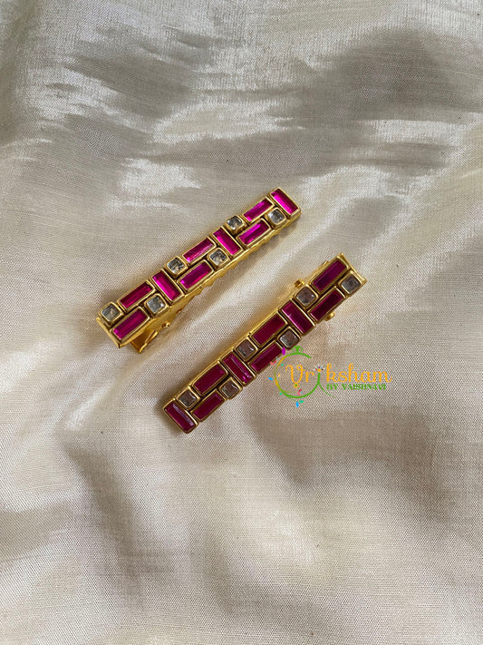 Kundan Hair Clip-gold-Pink-Bars dots-H273