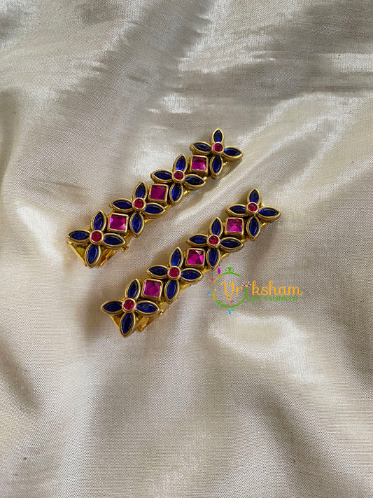 Kundan Hair Clip-gold-Blue Pink- Flower-H270