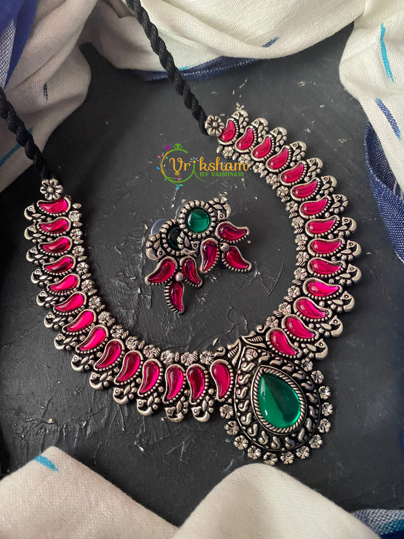 Silver Paisley Neckpiece -Pink and Green-S0073