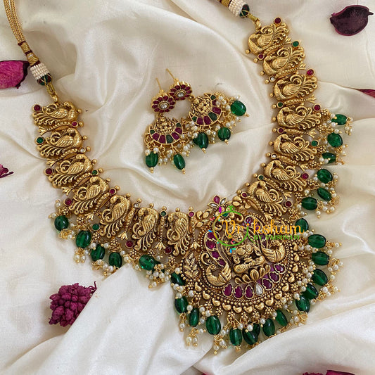 Traditional Lakshmi Pendant peacock Neckpiece-Green-G5615