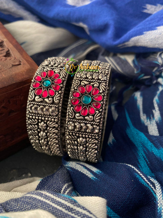 Oxidized Kolhapuri Bangles-Red Stone Floral -S0172