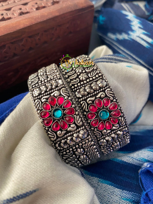 Oxidized Kolhapuri Bangles-Red Stone Floral -S0172