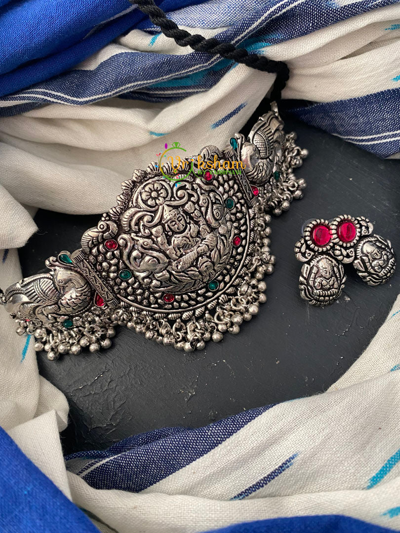Silver Temple High Neck Choker -Lakshmi with peacock-S0210