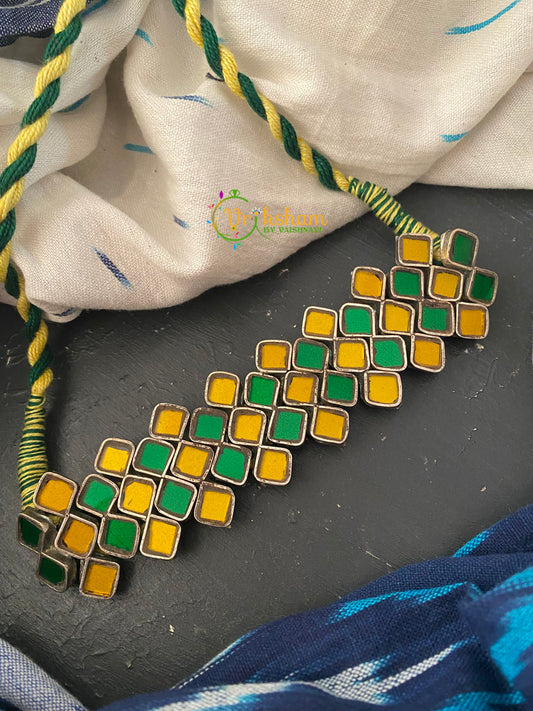 Premium Afghani Glass Mirror Choker -Yellow Green-S0083