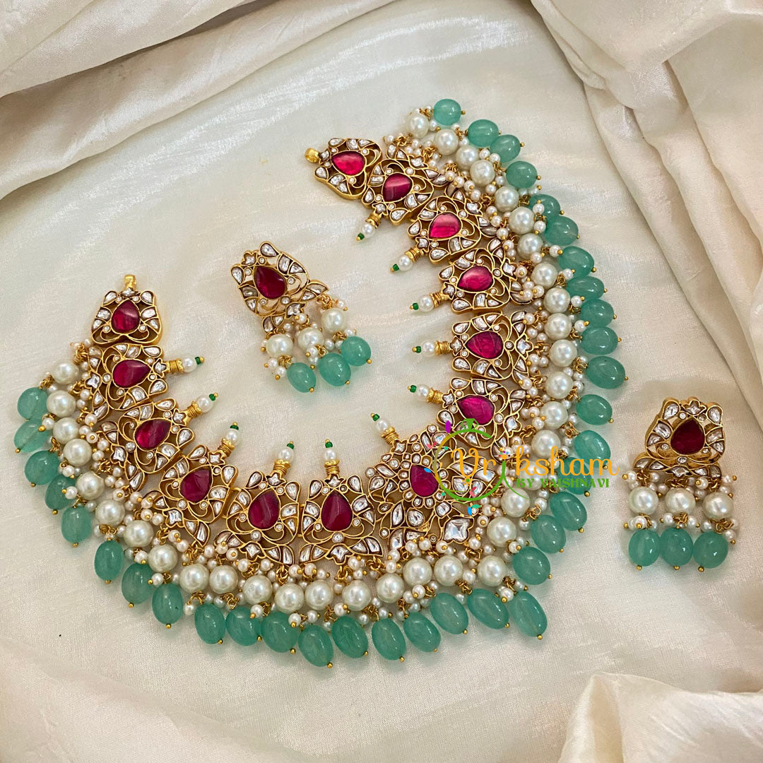 Pink and White Precious Jadau Kundan Short Neckpiece -Pastel Green bead-J939