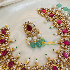 Pink and White Precious Jadau Kundan Short Neckpiece -Pastel Green bead-J939