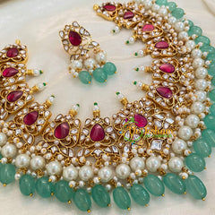 Pink and White Precious Jadau Kundan Short Neckpiece -Pastel Green bead-J939