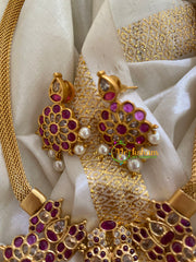 Gold Look Alike Sri Namam AD Stone Short Neckpiece-Red White-G3324
