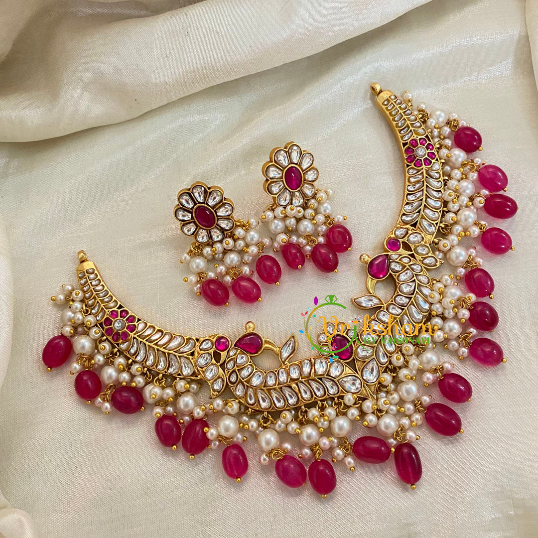 Pink and White Precious Jadau Kundan Short Neckpiece-Pinkish Red Beads -J938