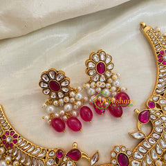 Pink and White Precious Jadau Kundan Short Neckpiece-Pinkish Red Beads -J938