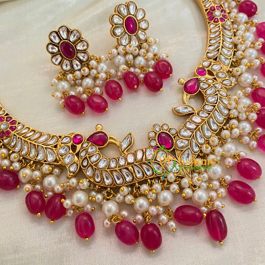 Pink and White Precious Jadau Kundan Short Neckpiece-Pinkish Red Beads -J938