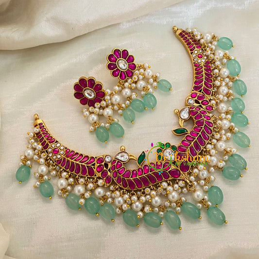 Precious Jadau Kundan Short Neckpiece-Pink-Pastel Green Beads -J999