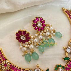 Precious Jadau Kundan Short Neckpiece-Pink-Pastel Green Beads -J999