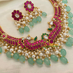 Precious Jadau Kundan Short Neckpiece-Pink-Pastel Green Beads -J999