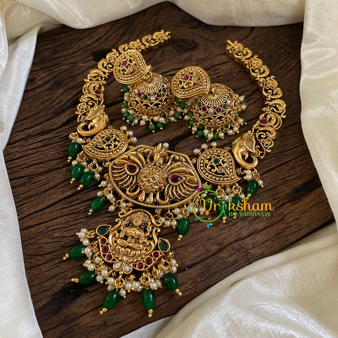 Gold Look Alike Lakshmi Pendant Short Neckpiece-Green bead-G10319