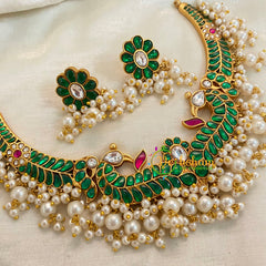 Green Precious Jadau Kundan Short Neckpiece -Pearl Finish -J937