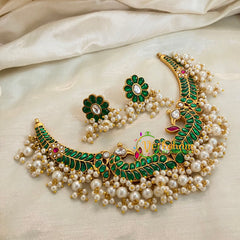 Green Precious Jadau Kundan Short Neckpiece -Pearl Finish -J937