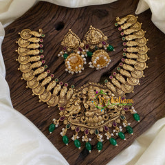 Coin Style Gold Look Alike Lakshmi Pendant Short Neckpiece-Green bead-G10343