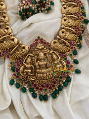 Premium Lakshmi Temple Haram Long Neckpiece-Green Bead-G3350