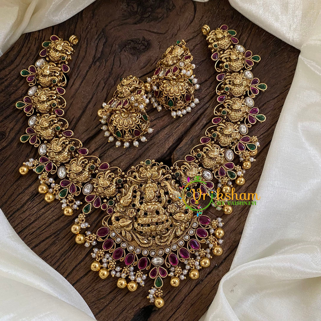 Gold Look Alike Lakshmi Pendant Short Neckpiece-Gold bead-G10316