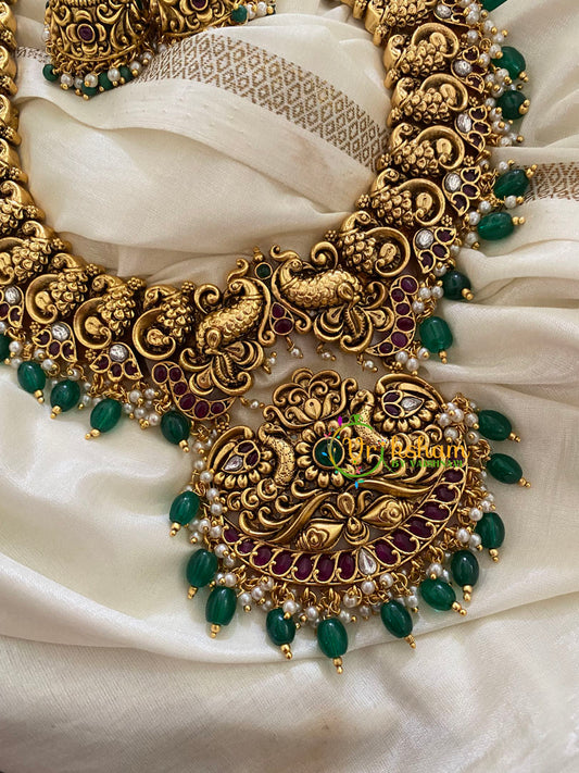 Premium Gold Look Alike Temple Haram-Green Beads -G3399