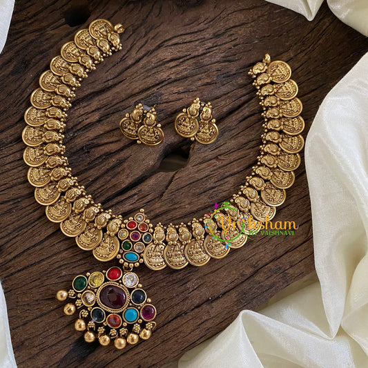 Navrathna Coin Style Addigai Choker Short Neckpiece-G10307-1