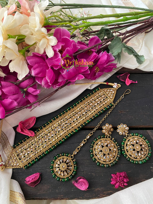 Green Bead Kundan Choker Set-Dark Green-G2741