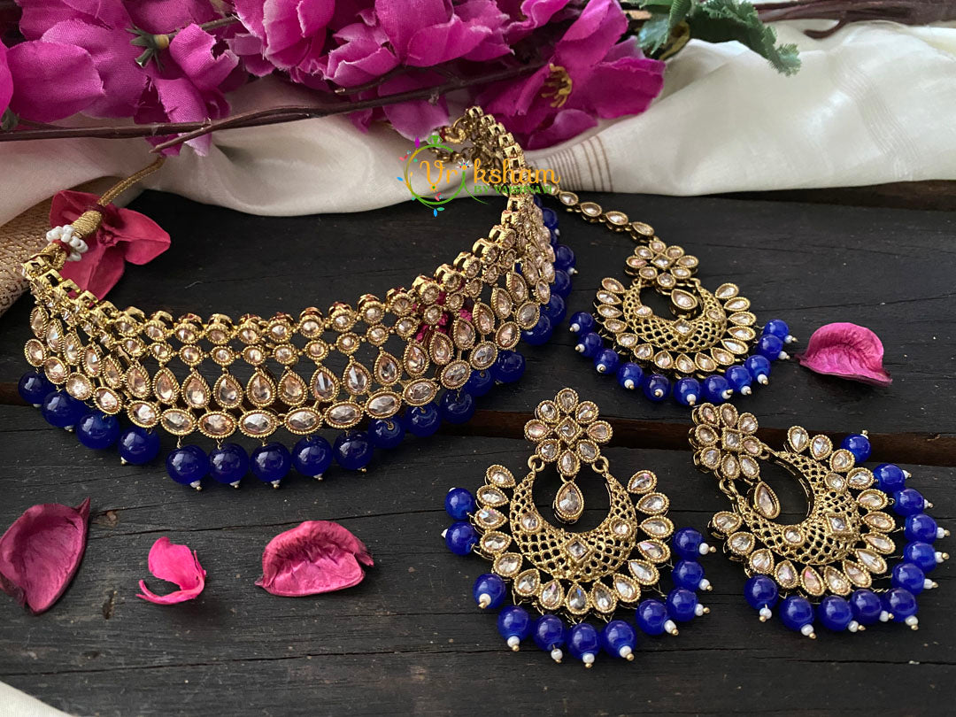 Premium Kundan Bridal Set - Blue Beads-G2732