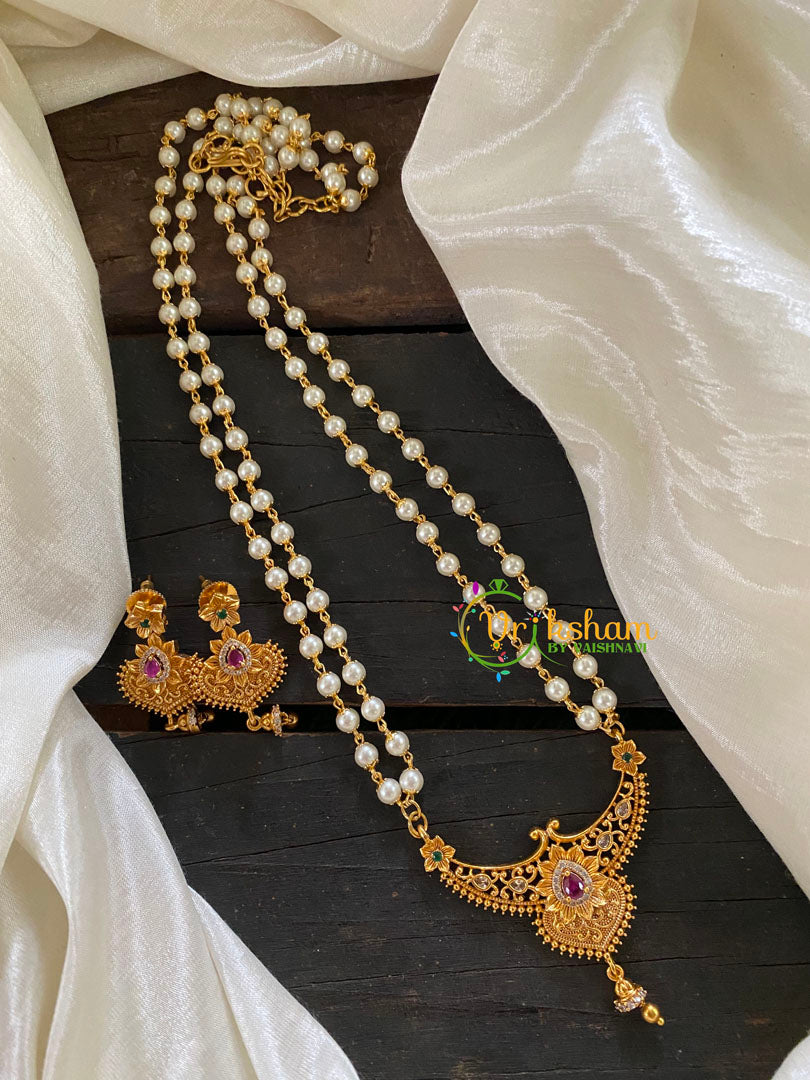 Pearl Long Chain For Saree Layered Pearl Pendant Chain -G7689