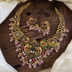 Pink Bead Antique Choker Short Neckpiece-Elephants-G10326