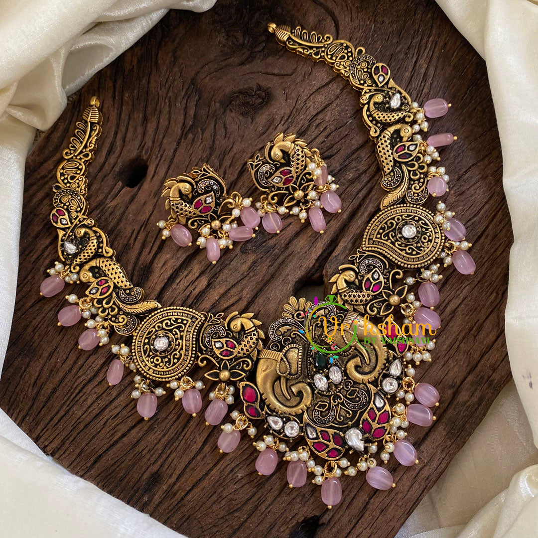 Pink Bead Antique Choker Short Neckpiece-Elephants-G10326