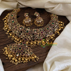 Premium AD Stone Pendant Short Neckpiece-Gold Bead-G10346