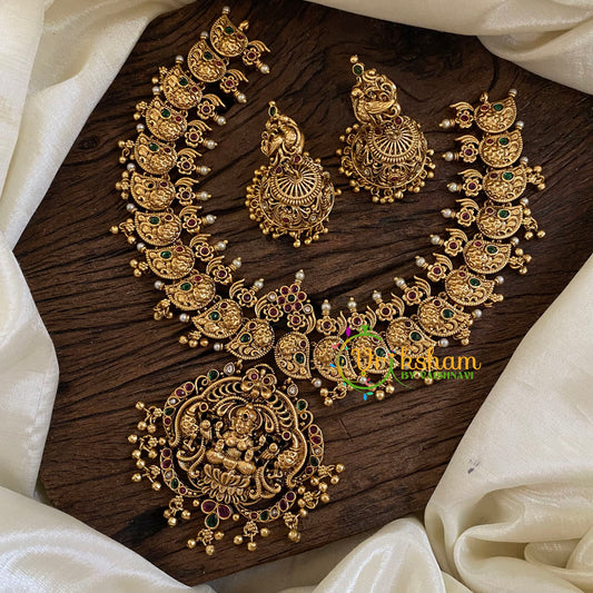 Gold Look Alike Lakshmi Pendant Short Neckpiece-Gold bead-G10340