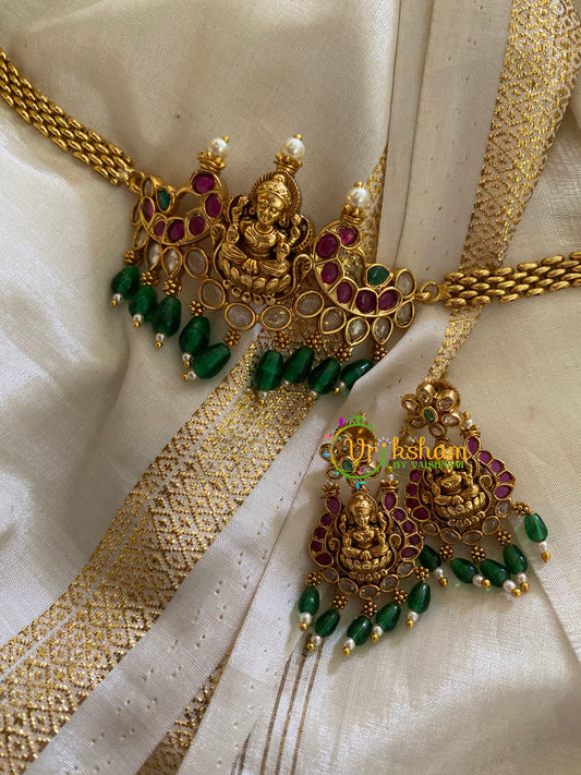Premium Lakshmi Pendant High Neck Choker-Green Bead-G3451