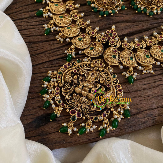 Gold Look Alike Lakshmi Pendant Short Neckpiece-Green Bead-G10338