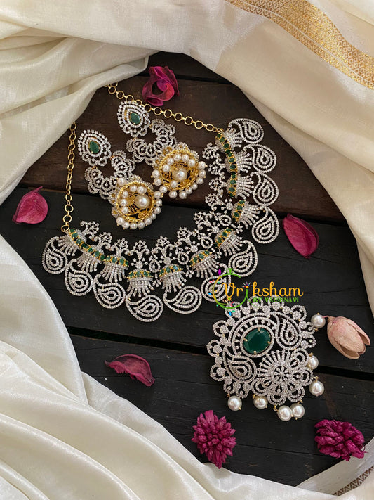 Green Stone Pendant Bridal American Diamond Neckpiece-G4311