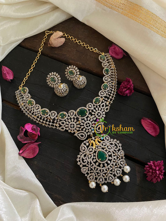 Green Stone American Diamond Bridal Neckpiece-Peacock-G4314