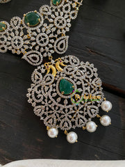 Green Stone American Diamond Bridal Neckpiece-Peacock-G4314