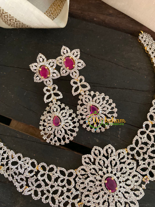 Pink Stone American Diamond Bridal Neckpiece-G3330