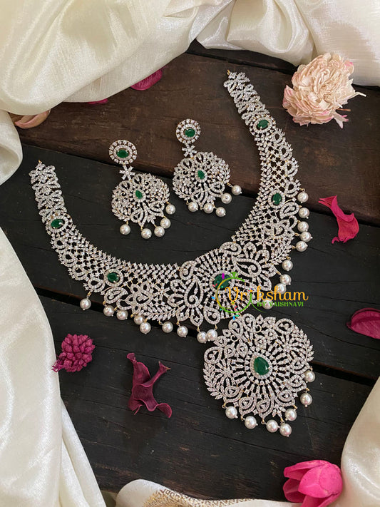 Green Stone Pendant Bridal American Diamond Neckpiece-G4382